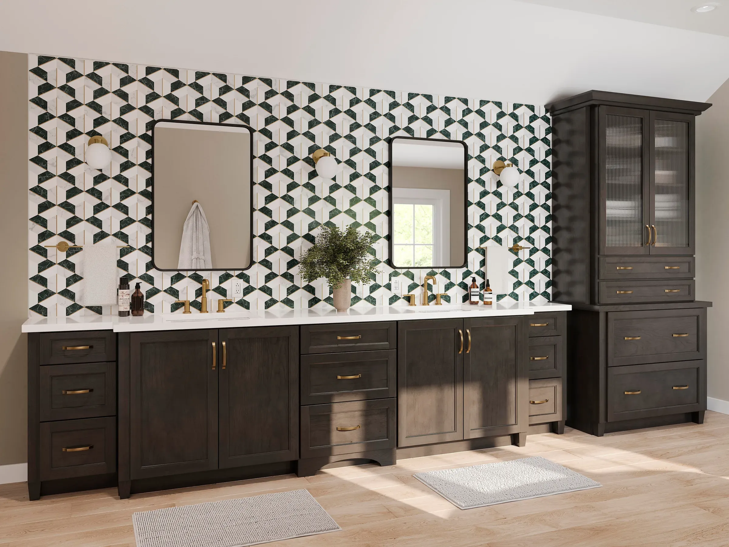 Double vanity in slate-stained maple with two mirrors, brass fittings, and a reeded-glass linen tower.