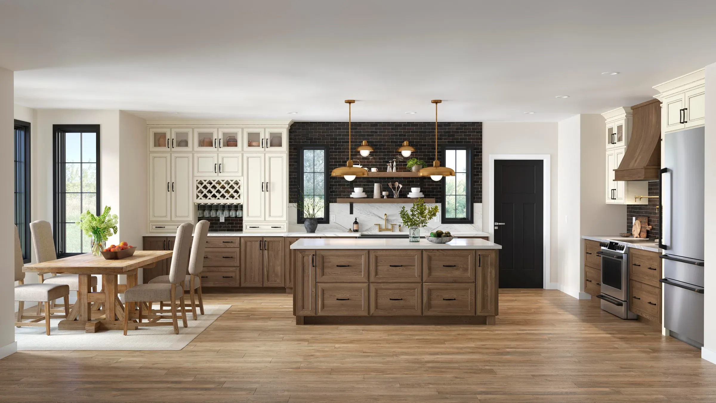 Open-plan kitchen with biscotti-glazed upper cabinets, clove cherry lowers and island, and a dark tile backsplash.
