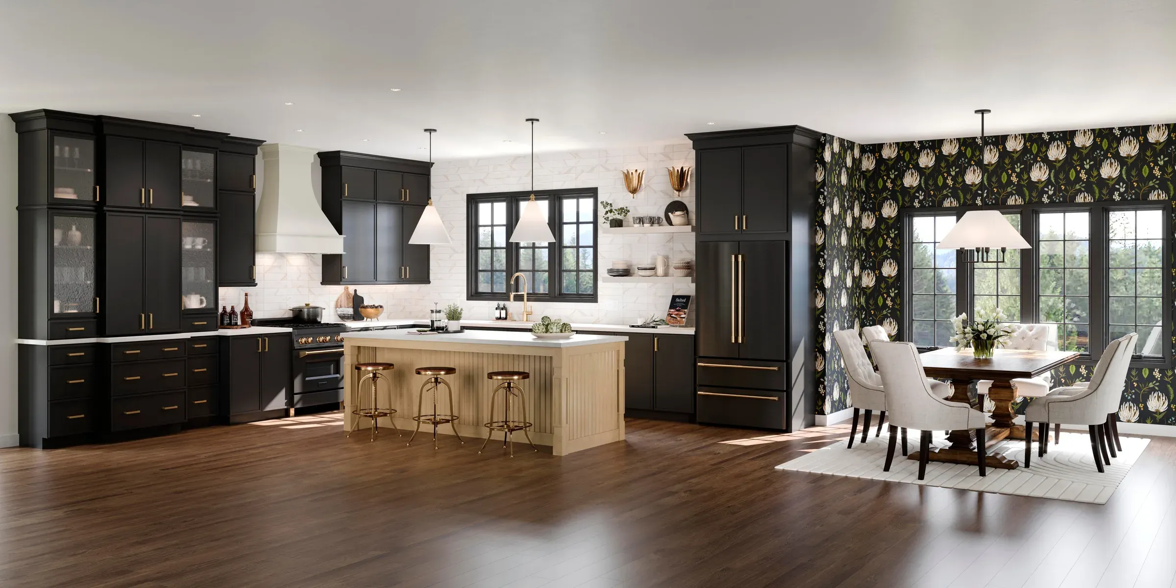 Great-room kitchen with black-painted perimeter cabinets, a rye maple island, and botanical wallpaper in the dining area beyond.