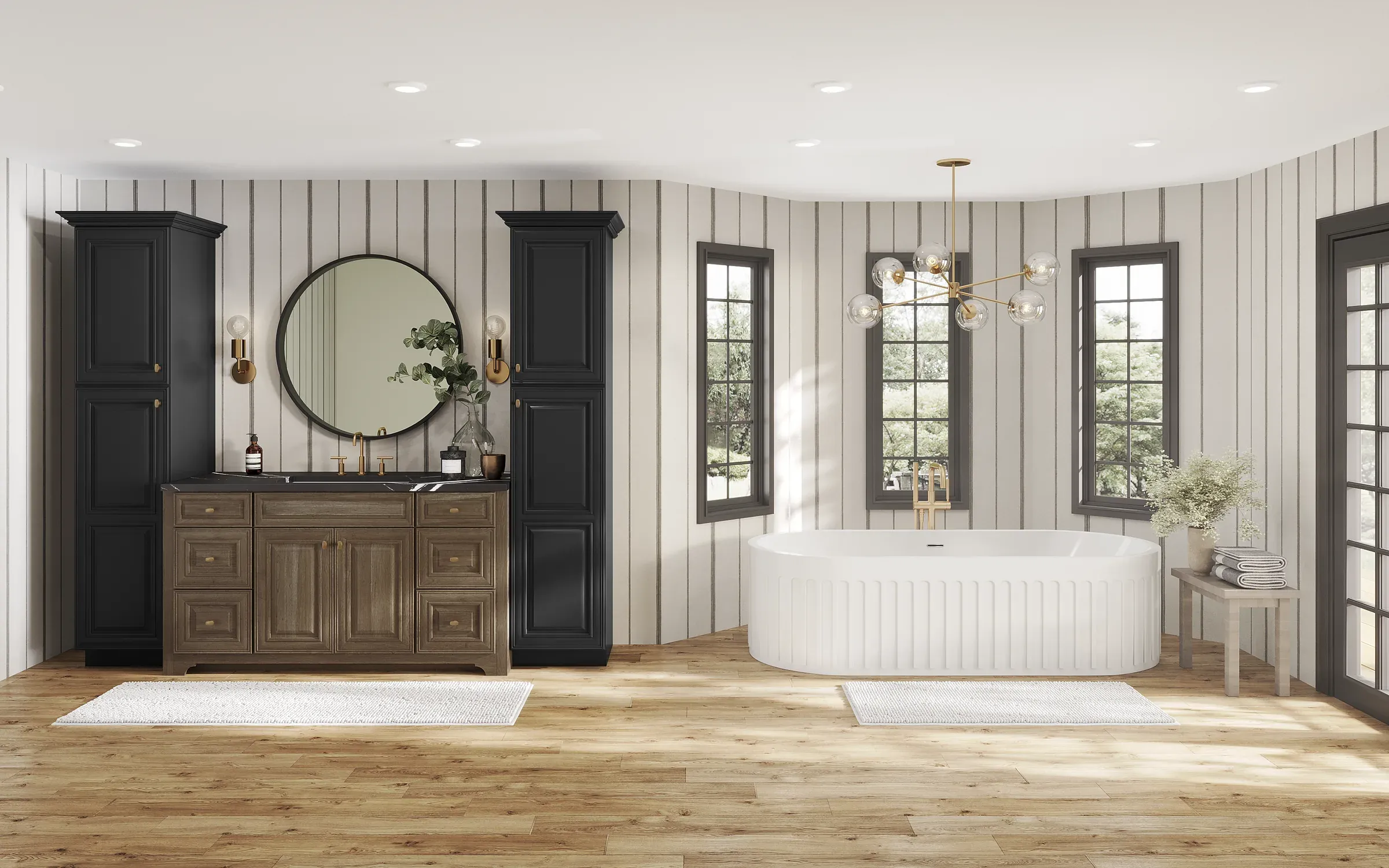 Bathroom with a clove cherry vanity flanked by two black-painted linen towers, a round mirror, and a fluted freestanding tub.