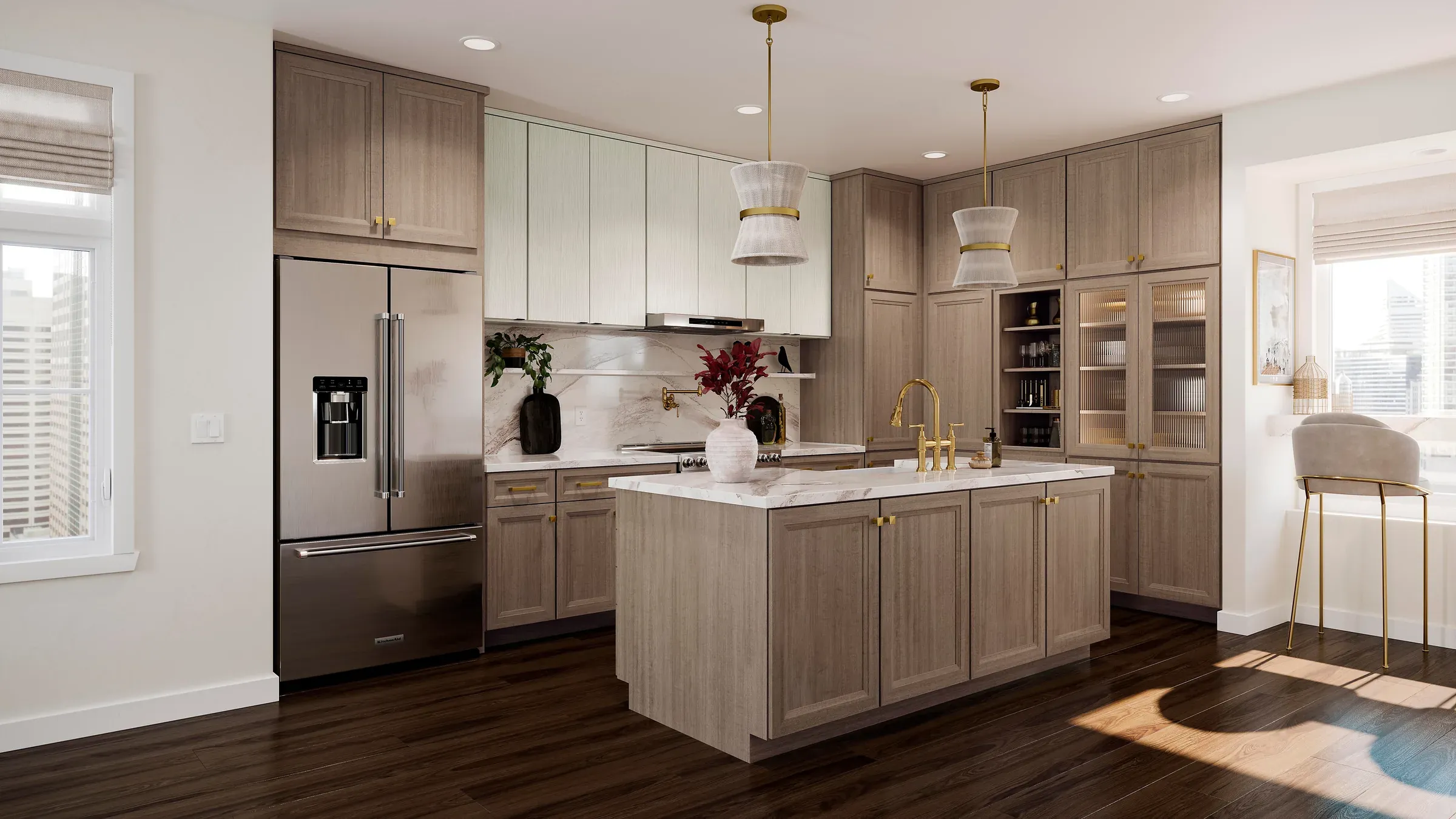 Kitchen pairing almond maple base cabinetry with Duraform Breeze uppers, a marble island, and brass fittings.