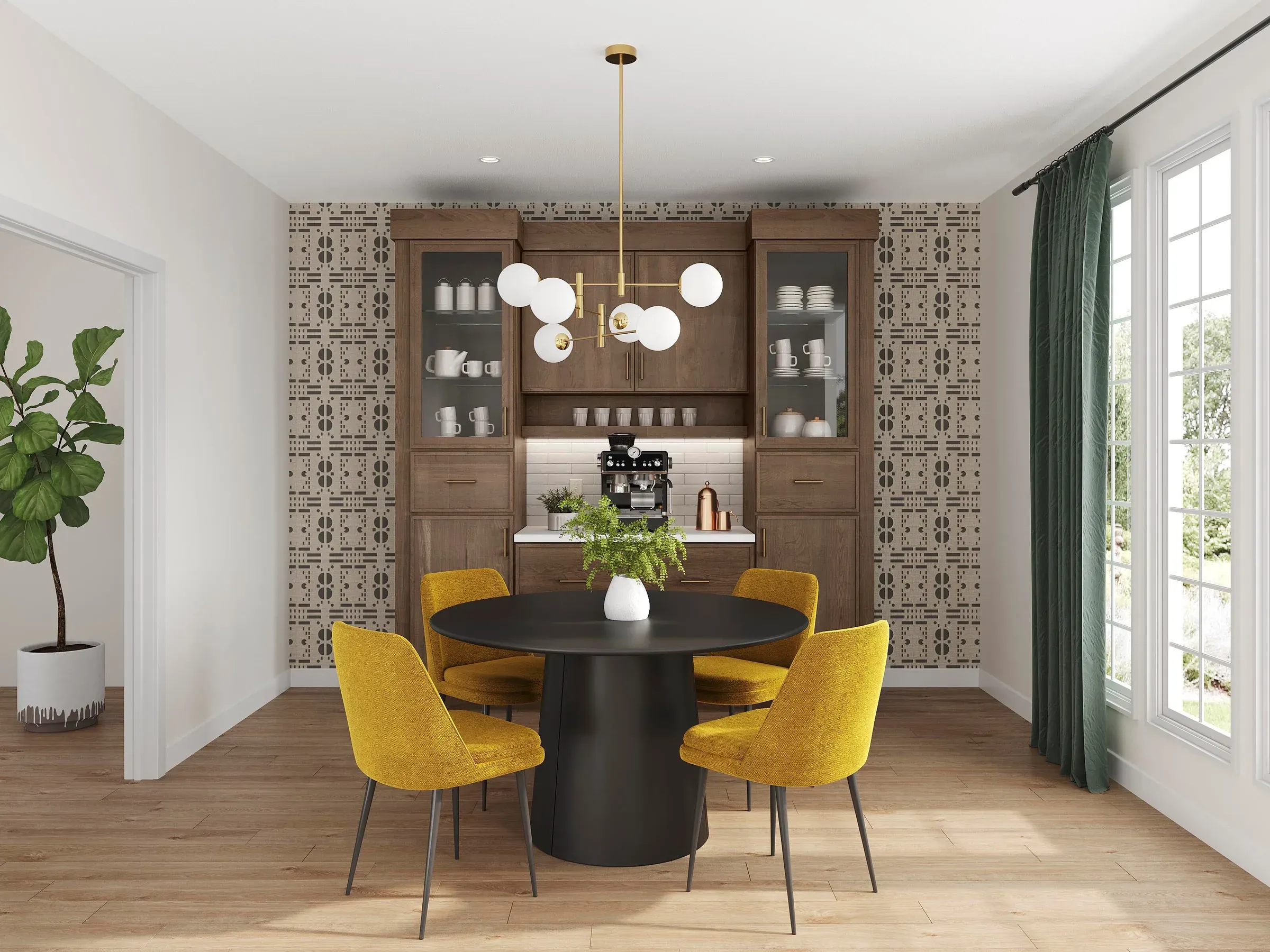 Coffee bar in clove-stained cherry with glass-front upper cabinets, set against patterned wallpaper with a round dining table in front.