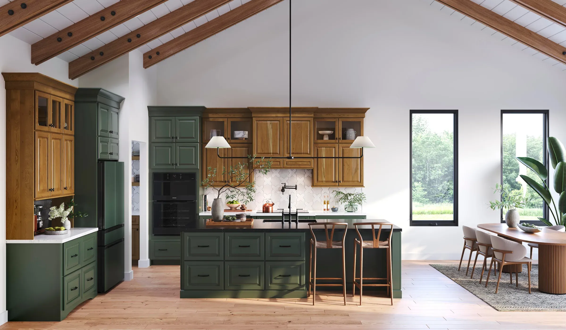 Vaulted kitchen with exposed beams, sage-painted base cabinets, amber cherry uppers, and a sage island.