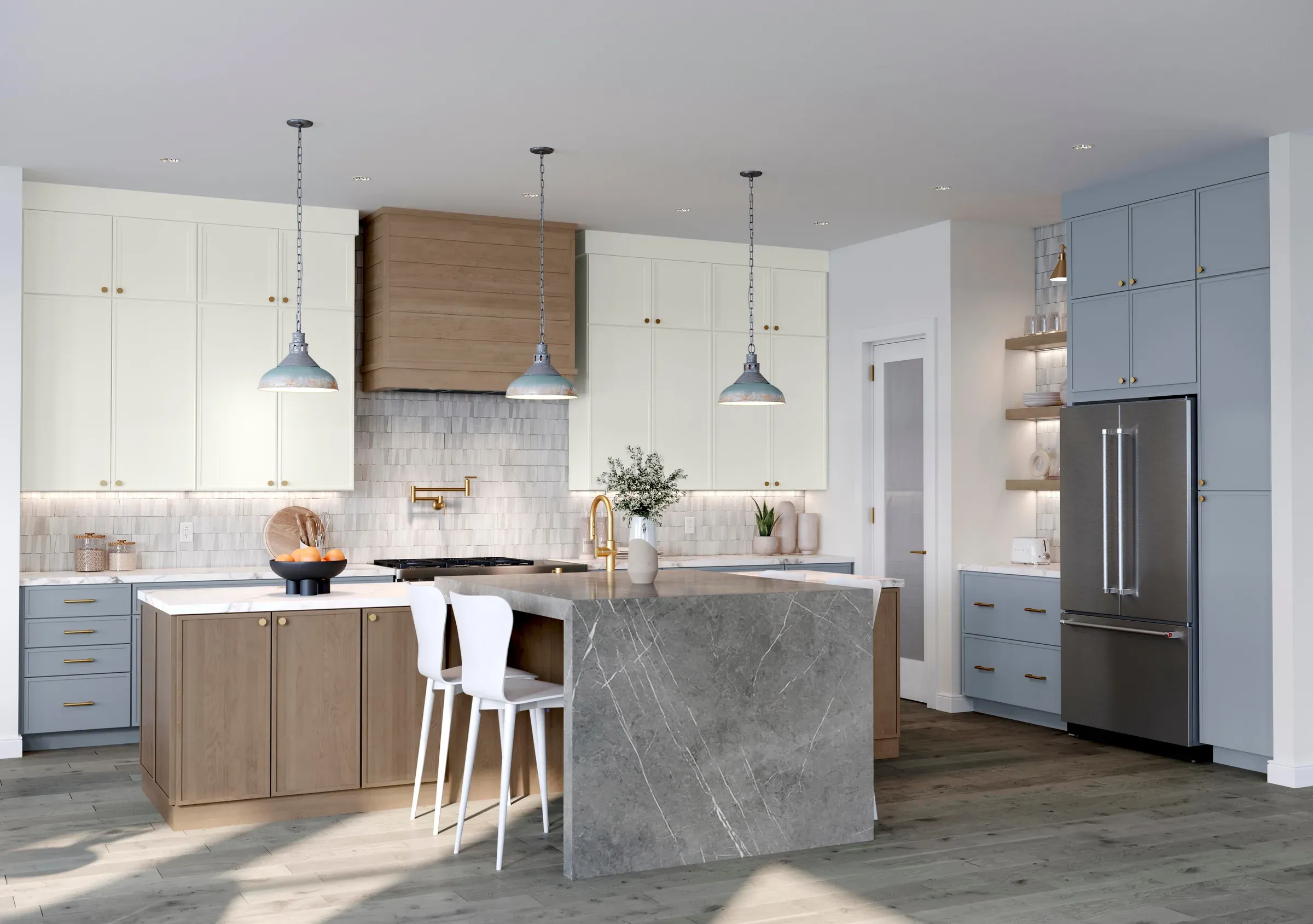 Kitchen with mist-blue lowers and linen uppers, lit open shelving, and a grey stone island with counter seating.