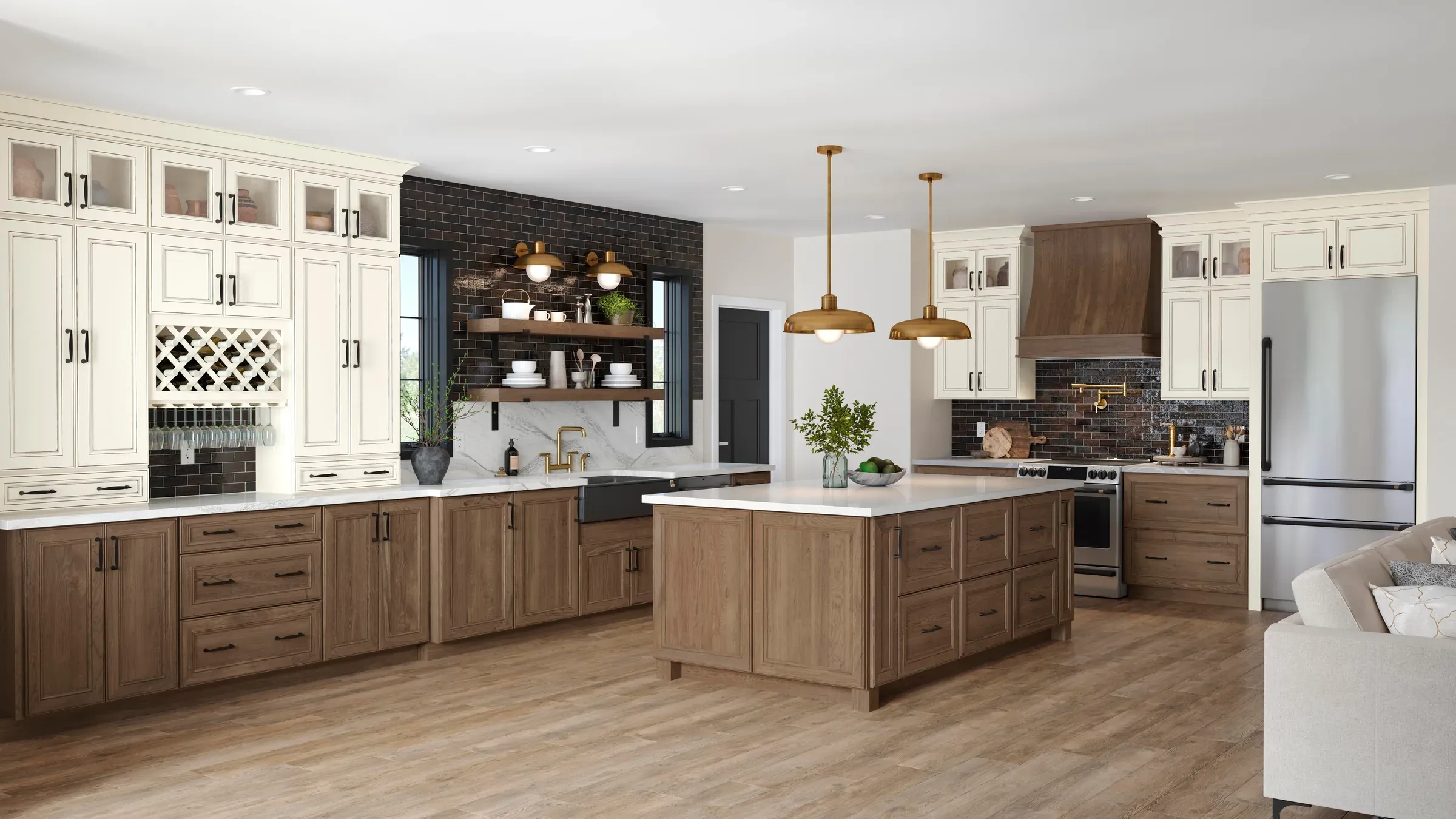 Glass-front biscotti-glazed uppers with integrated wine storage above clove cherry base cabinets.
