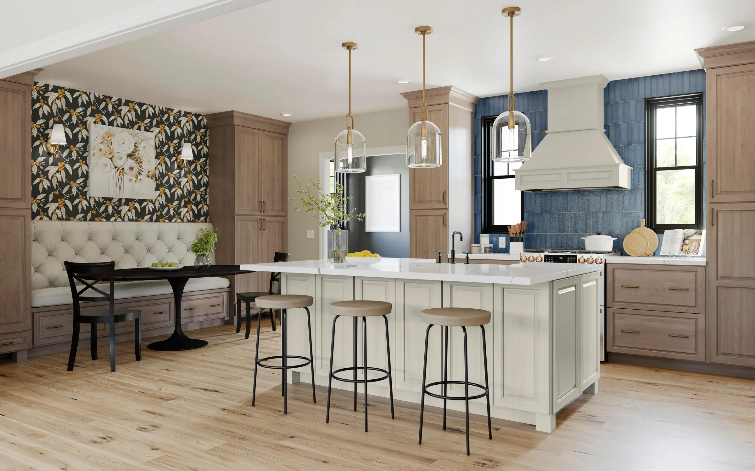 Kitchen seen from the dining side, with an upholstered banquette, botanical wallpaper, and counter seating at the island.