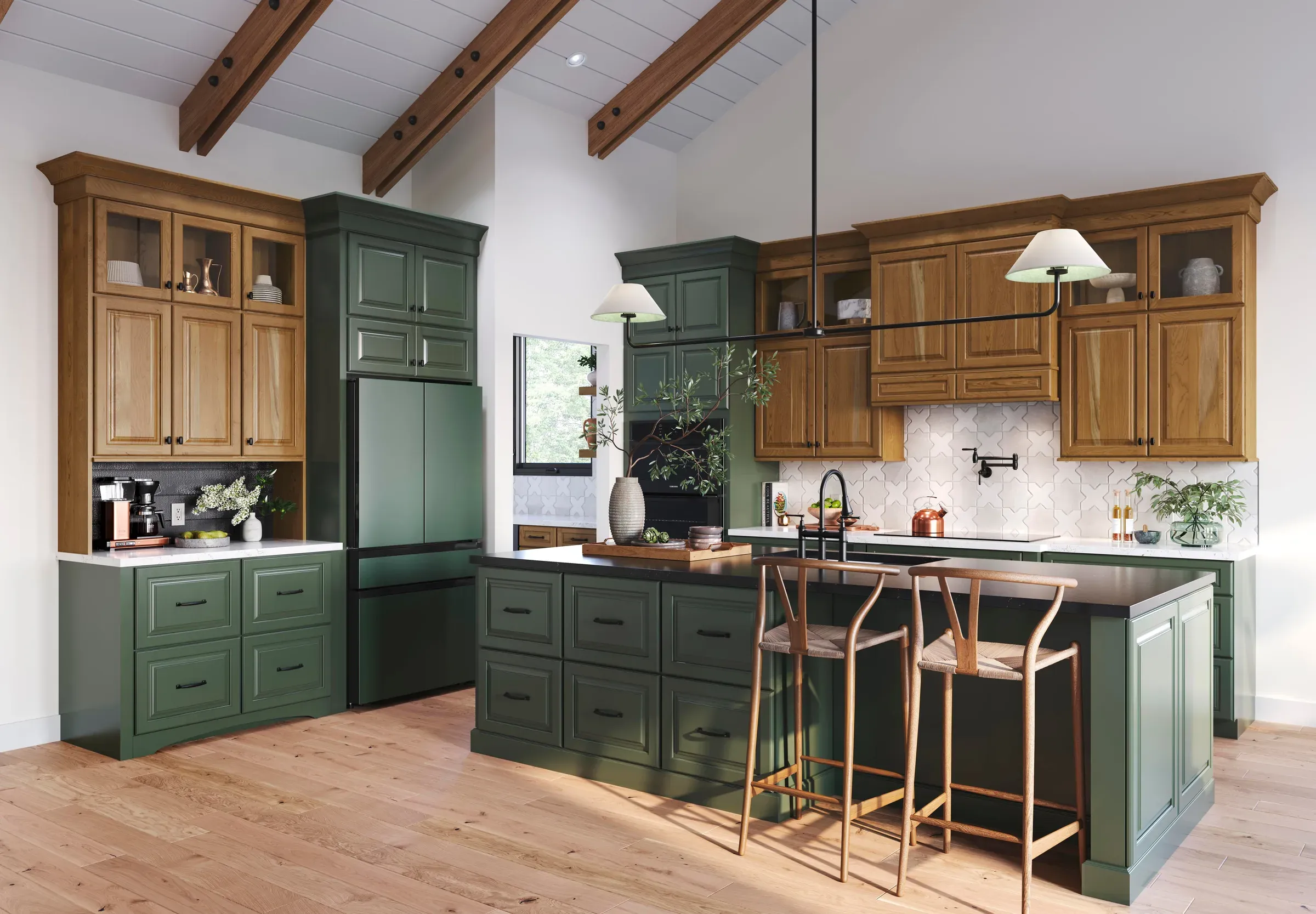 Kitchen showing the amber cherry upper cabinets and coffee station against sage-painted lowers.