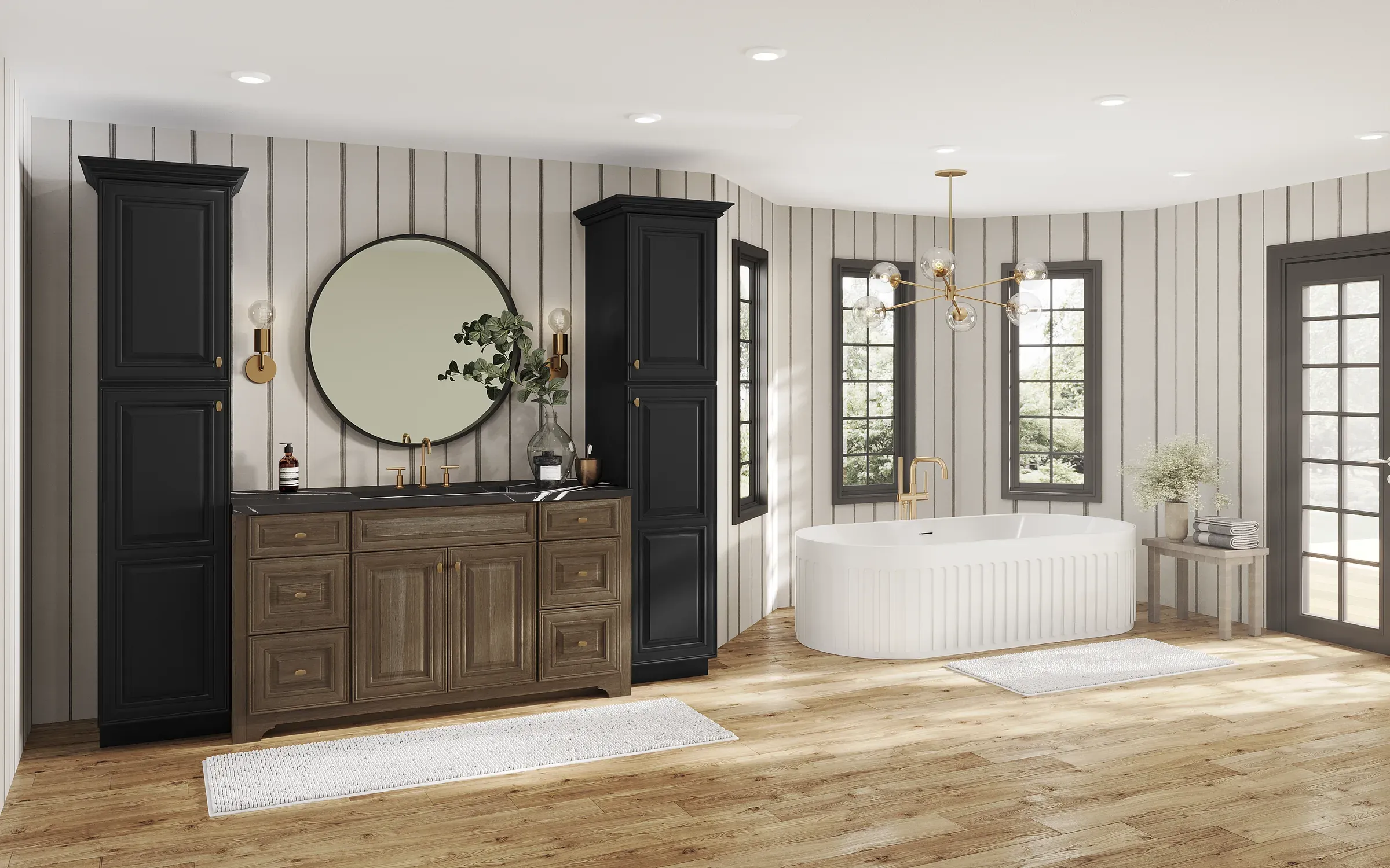 The same bathroom from the tub side, showing the black towers and cherry vanity against vertical shiplap.