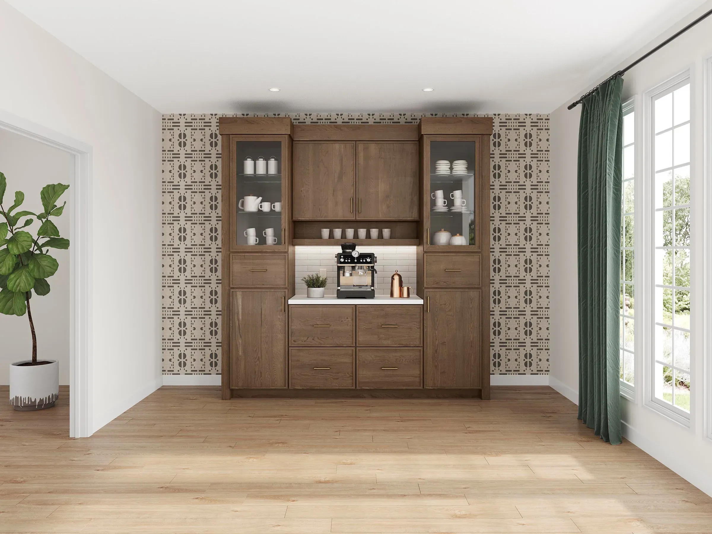 Straight-on view of the cherry coffee bar showing the recessed counter, glass uppers, and lower drawer bank.