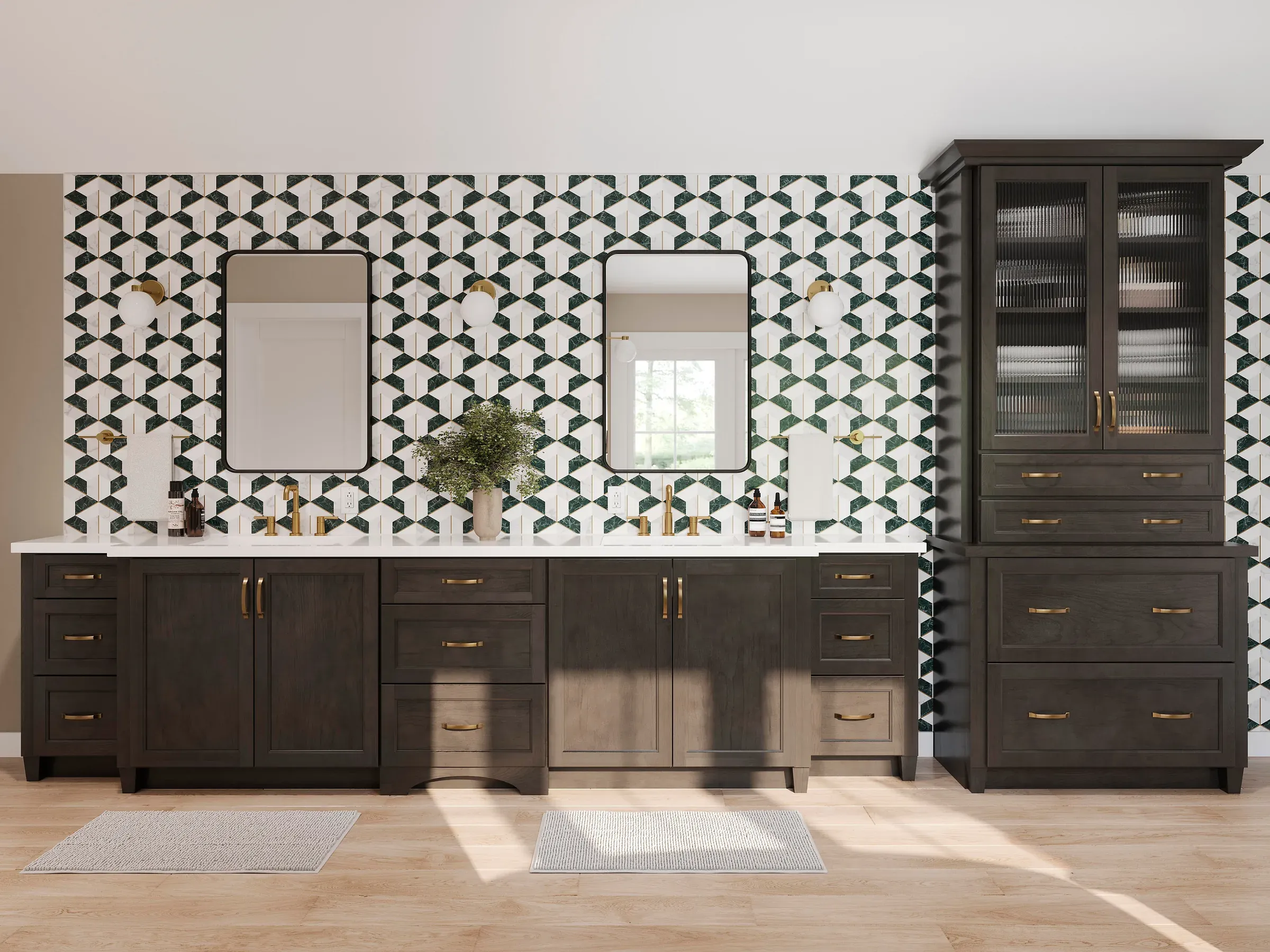 The slate maple vanity run seen at an angle, against geometric green wallpaper.