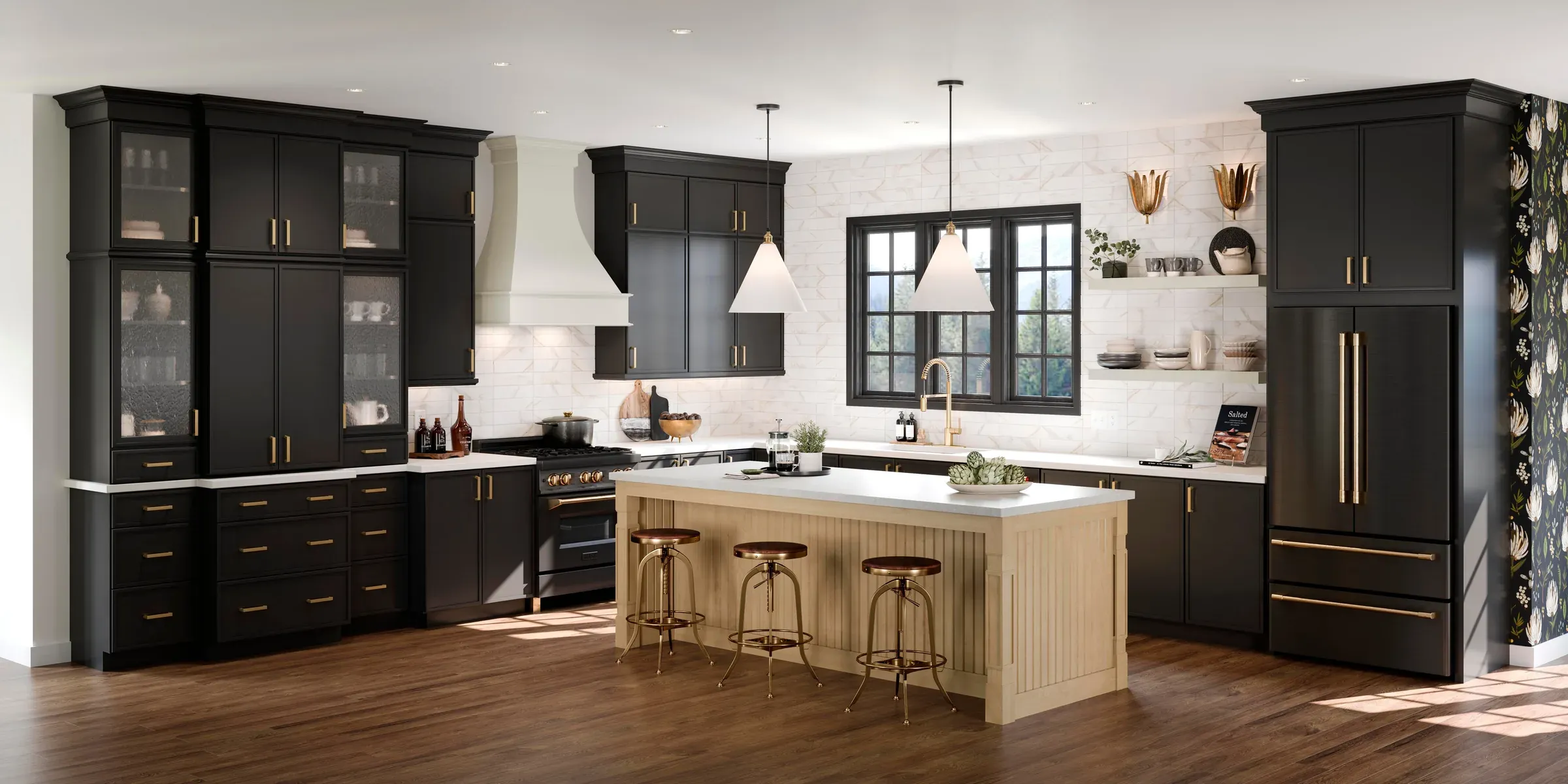 Black cabinetry with a glass-front display cabinet, white hood surround, and rye maple island with counter stools.