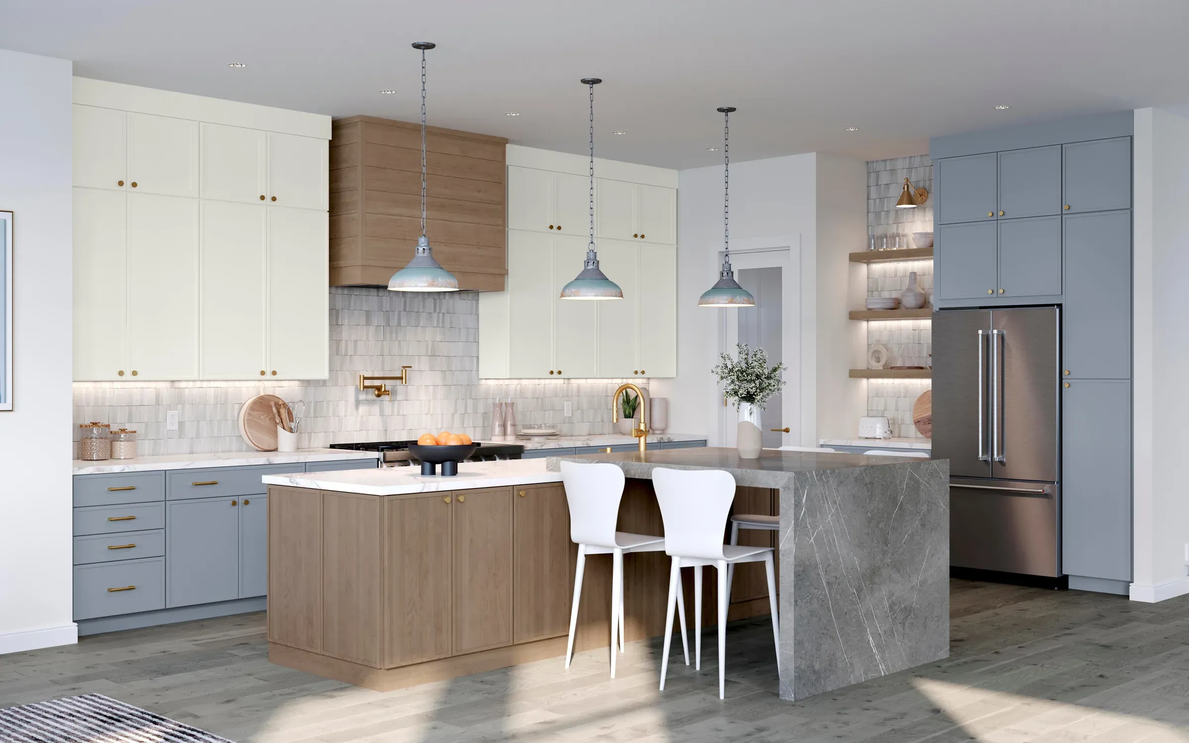 Same kitchen from the range side, showing the wood-panelled island and integrated refrigerator.