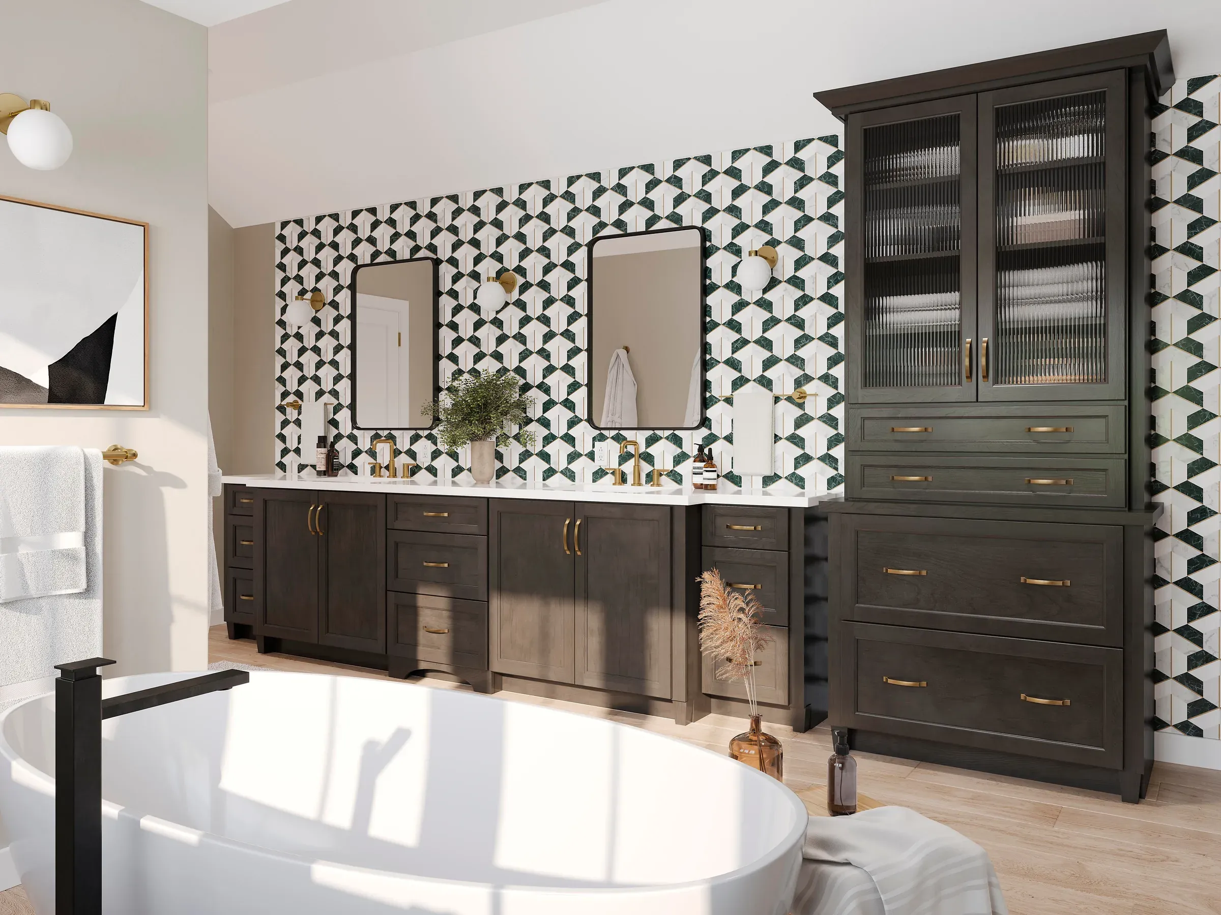 Wider bathroom view showing the vanity run alongside a freestanding tub.