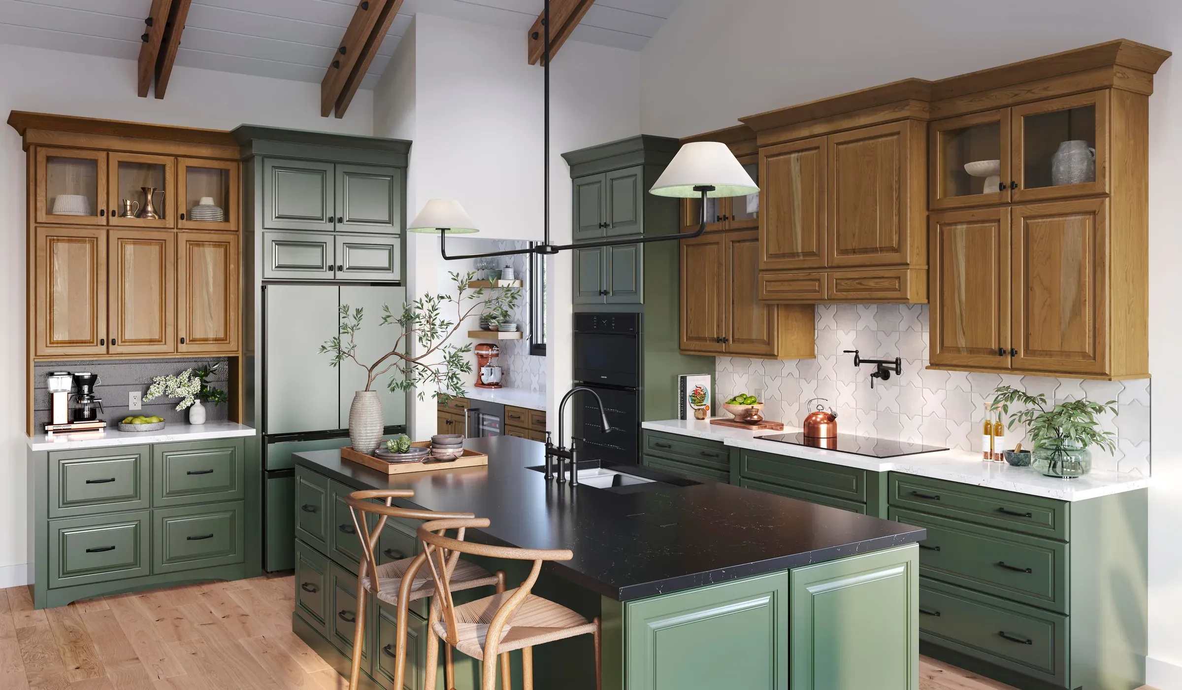 Sage island with a dark countertop and counter stools, framed by amber cherry cabinetry and ceiling beams.