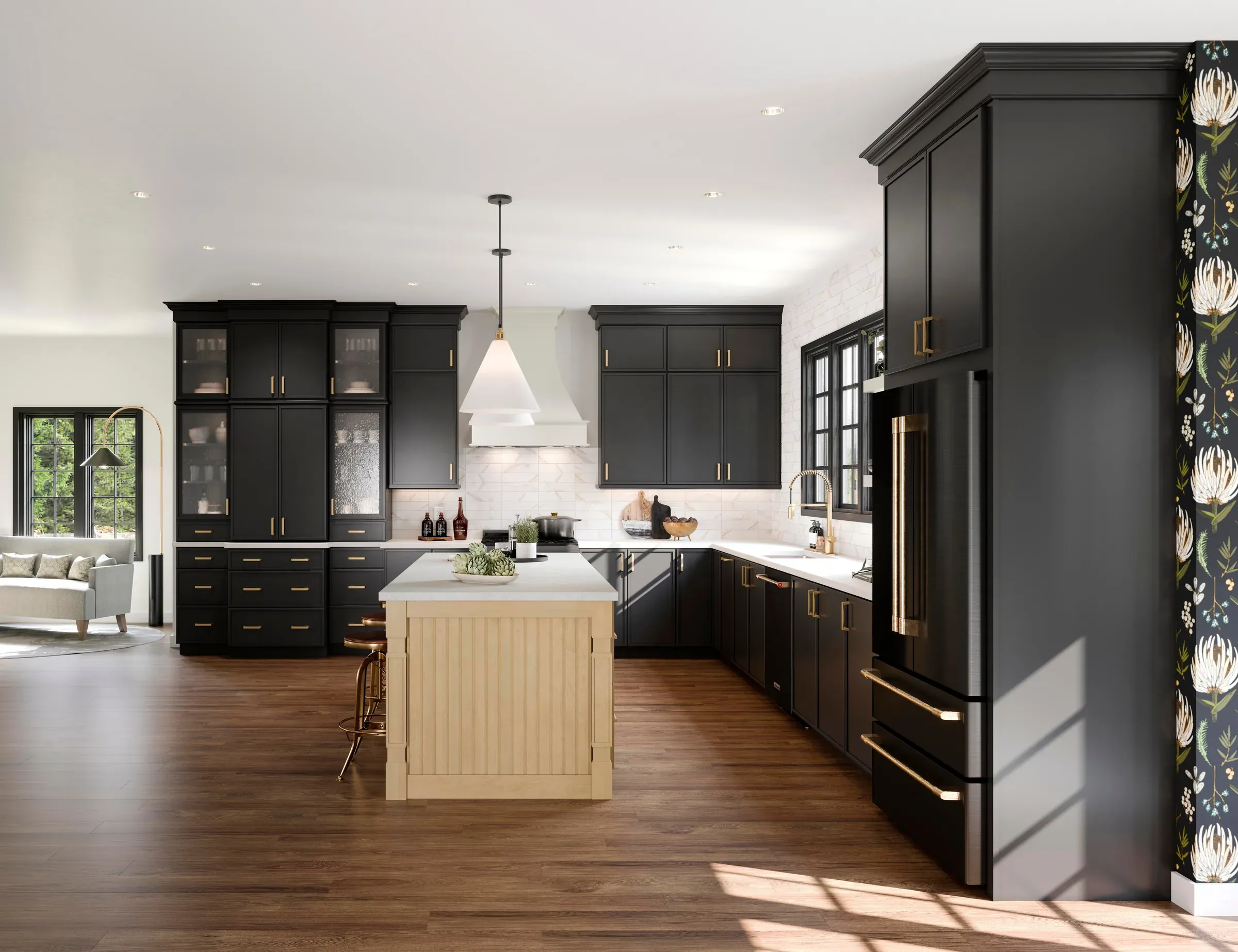 Kitchen from the dining side showing the black cabinet run, white hood, and rye maple island.