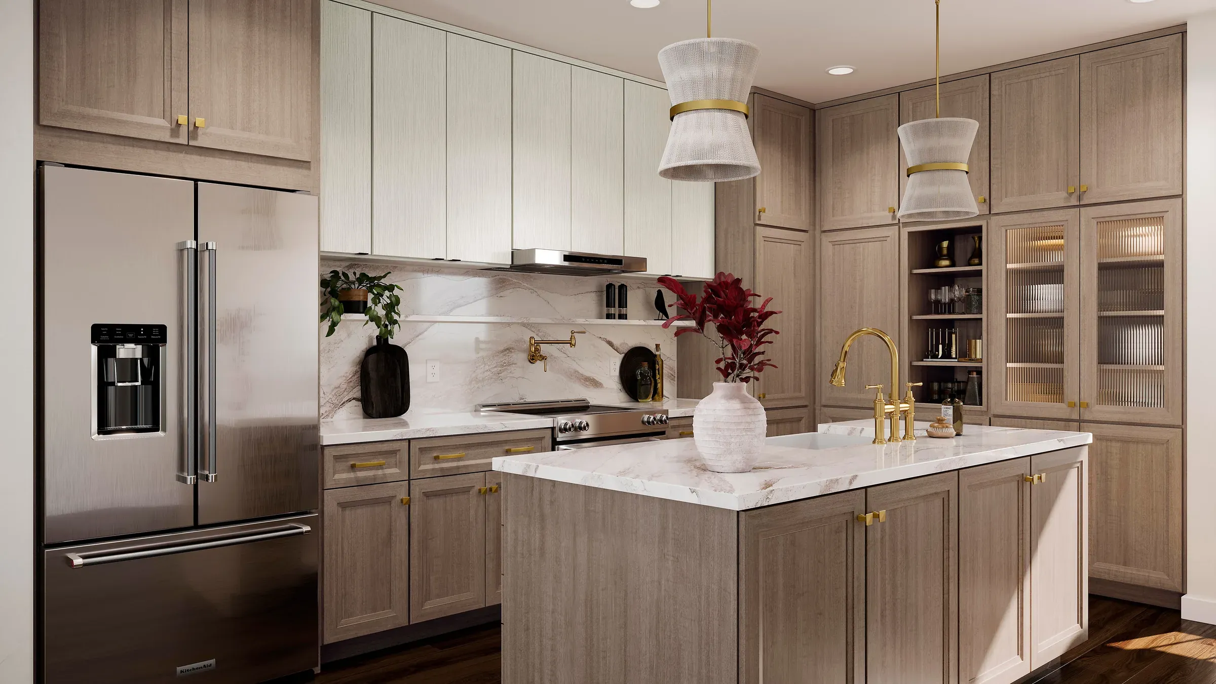 Kitchen from the range side showing the marble island, almond maple cabinetry, and glass display cabinet.