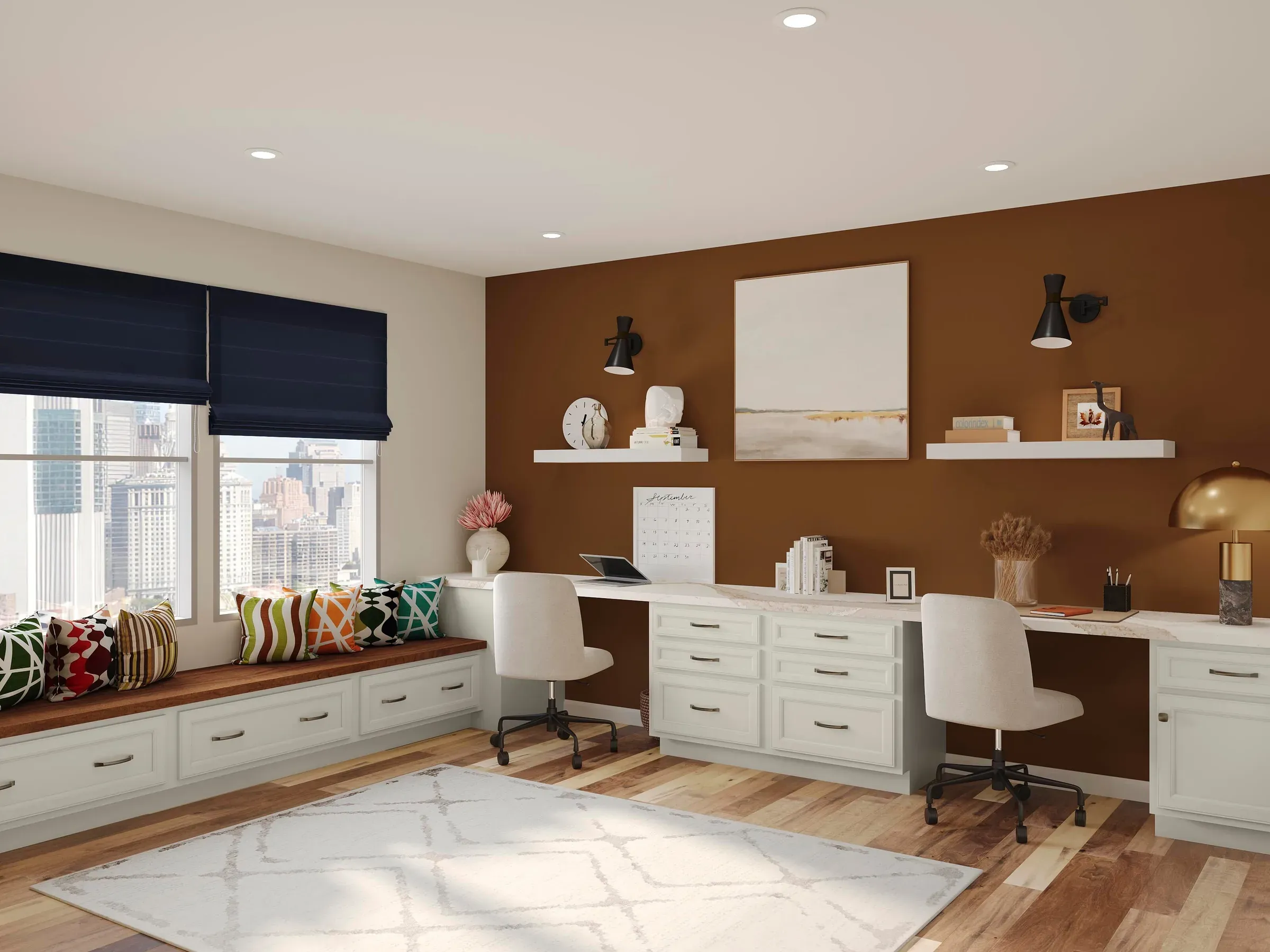 Two built-in desk stations in Duraform Harbor with upper shelving and a rust-painted accent wall.