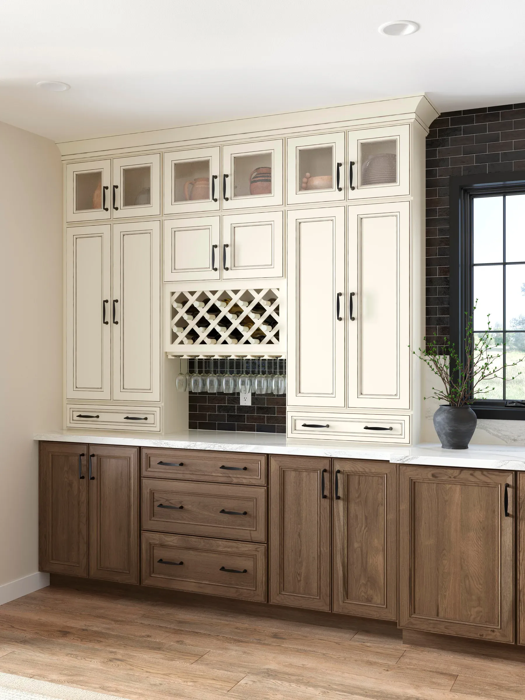 Detail of the wine rack and glass display cabinets in biscotti glaze over a clove cherry counter run.