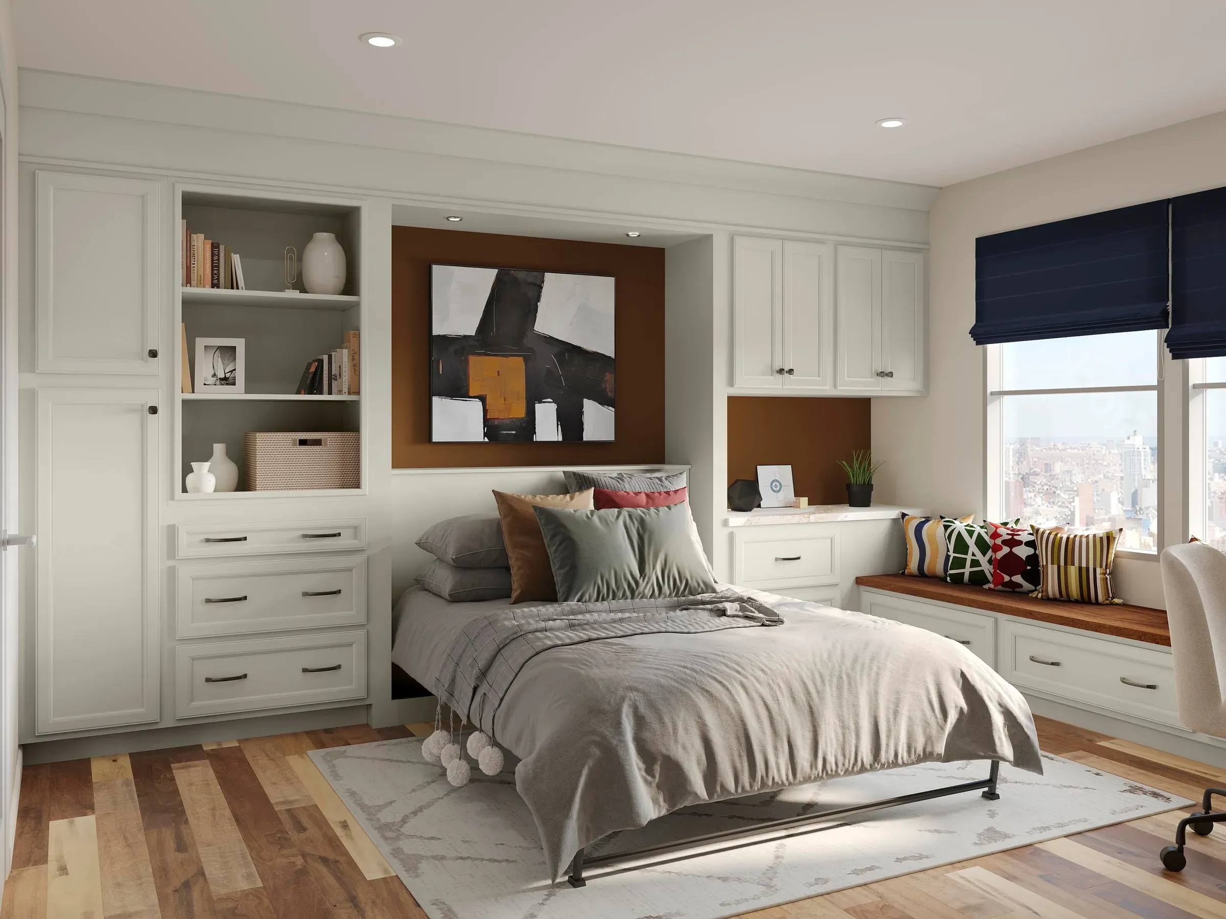 The same room with the Murphy bed lowered, showing how the storage wall converts to a guest bedroom.