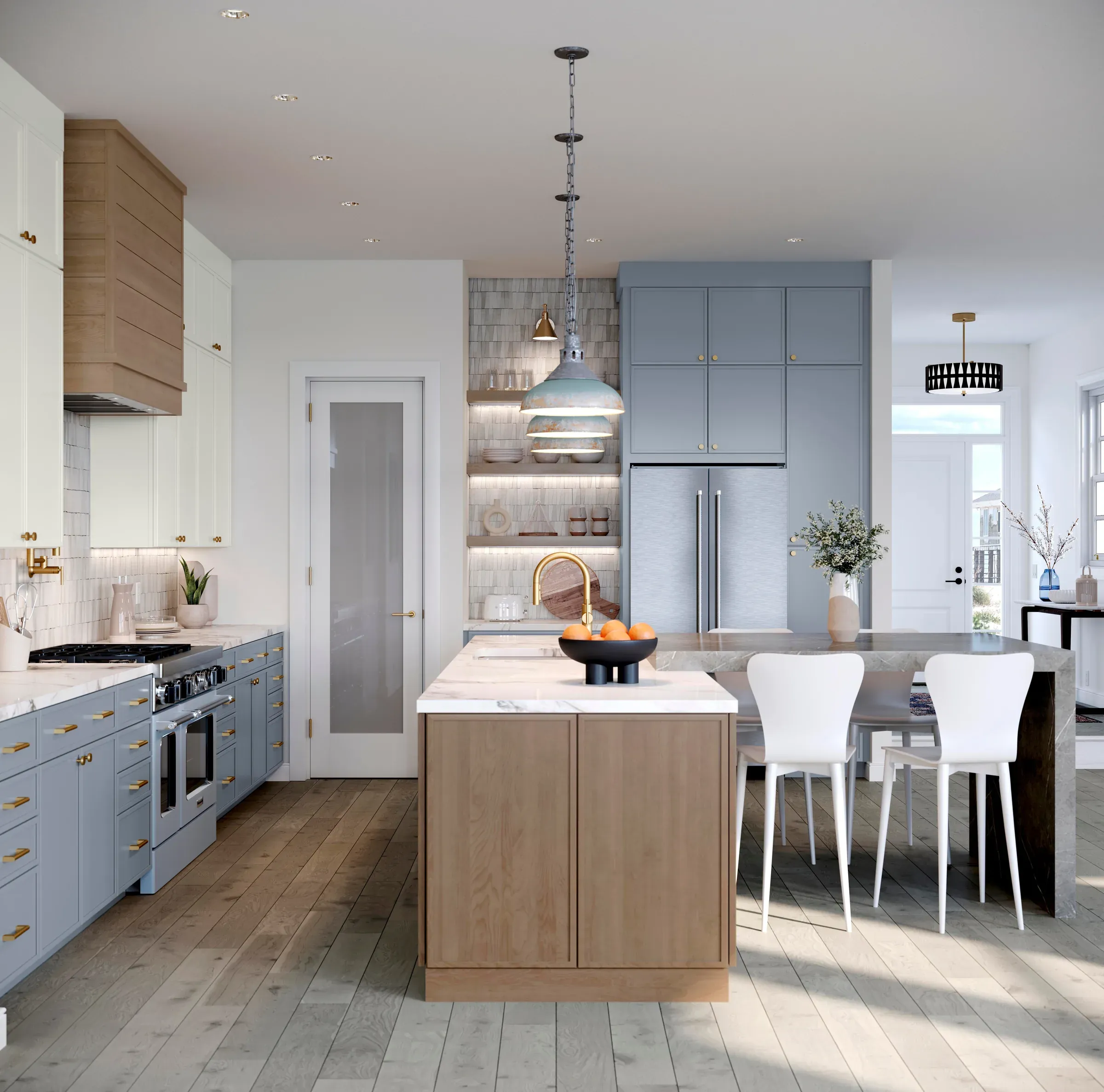 Almond maple hood and island paired with mist-painted cabinetry and a marble countertop.
