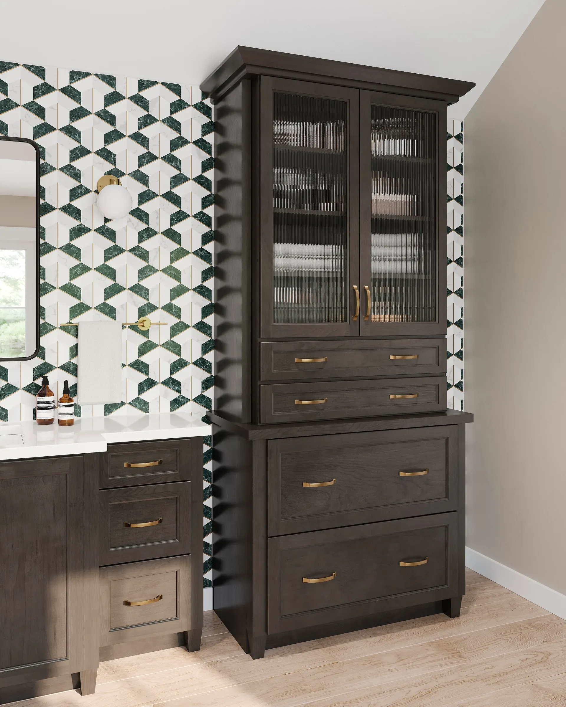 Detail of the linen tower: reeded glass doors over deep drawers in slate-stained maple.