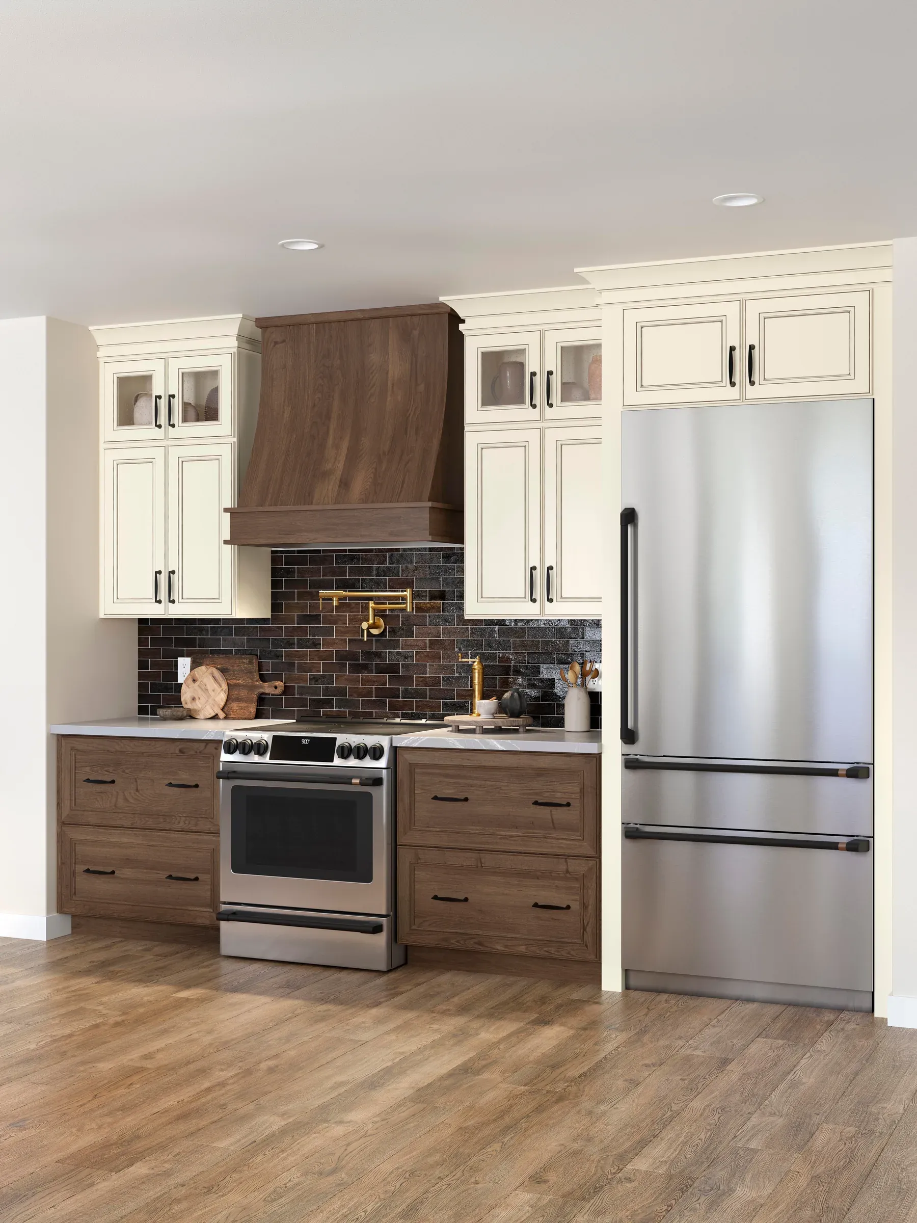 Range wall with a wood hood, dark tile backsplash, and biscotti-glazed upper cabinets.