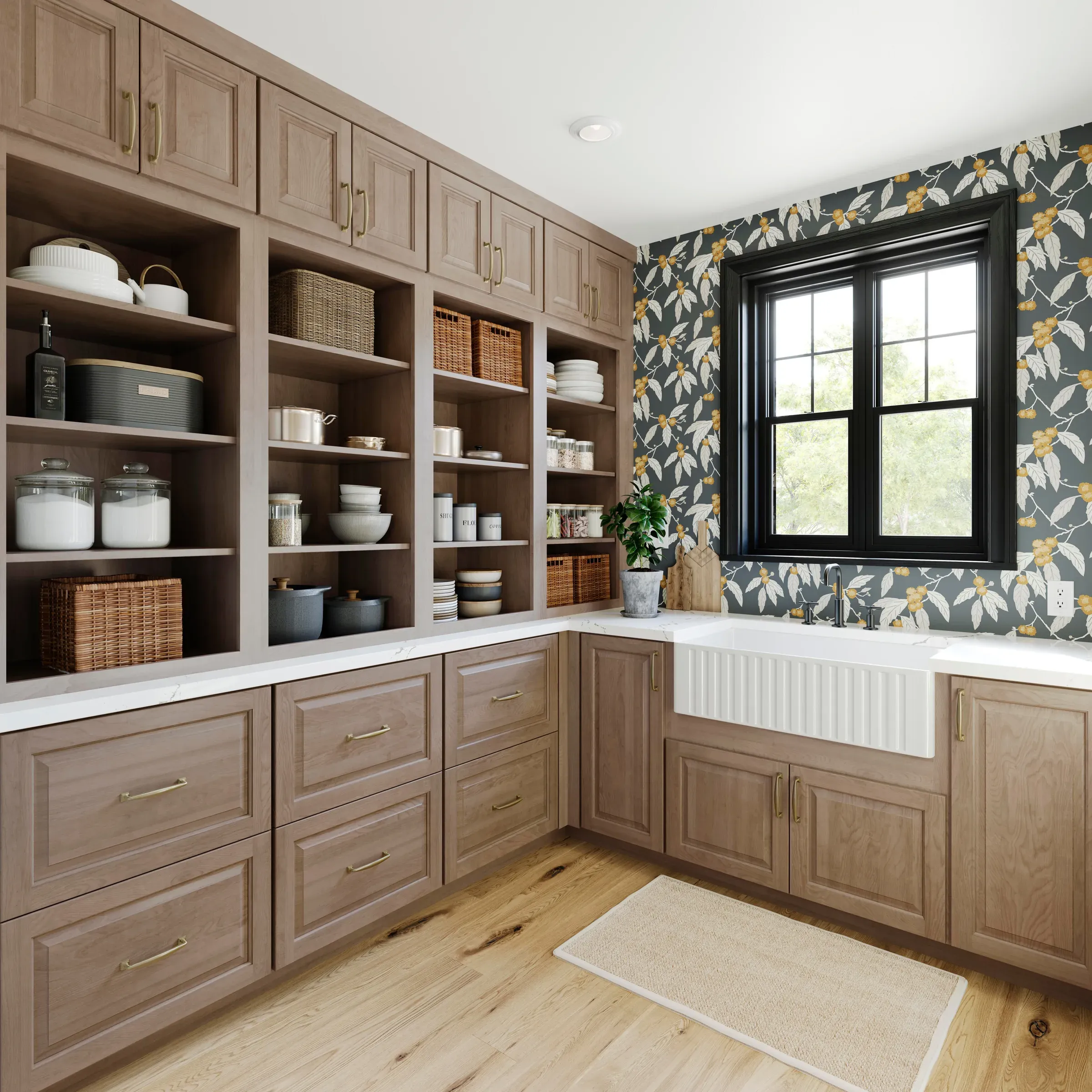 Butler pantry in almond maple with open shelving, an apron-front sink, and a black-framed window.