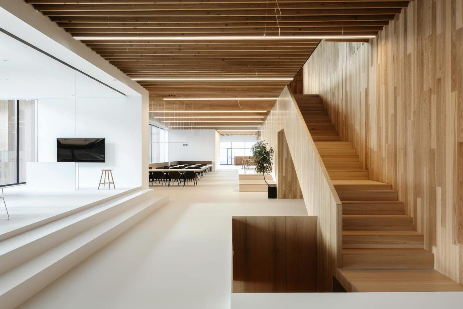 Oak slat wall beside a wood staircase, under a ceiling of wood battens and linear lights.