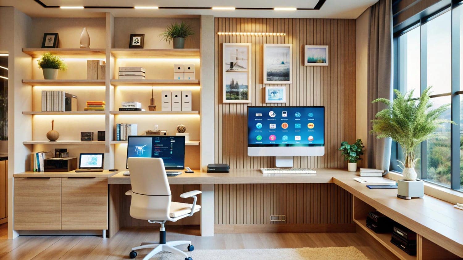 Light wood home office built-in with lit open shelves, a wood slat wall behind the monitor, and a long desk at the window.