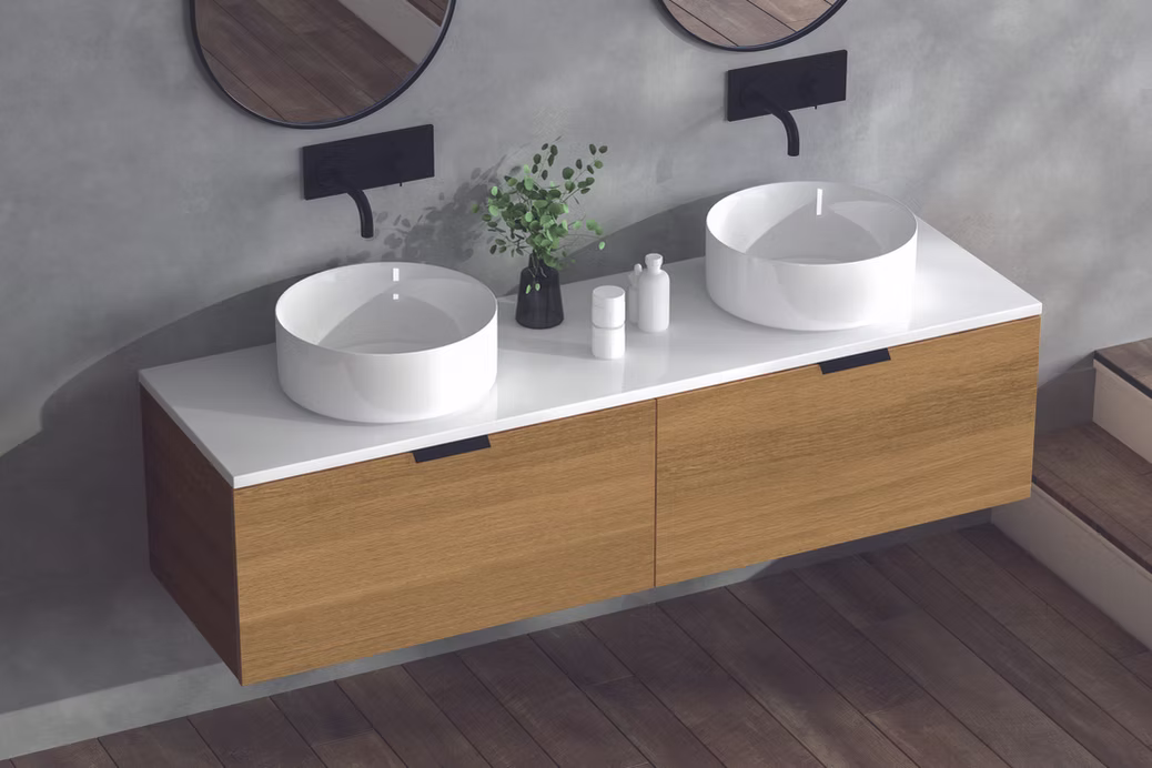 Custom floor-standing double vanity with Fenix finish and quartz countertop in primary bathroom, Washington DC area