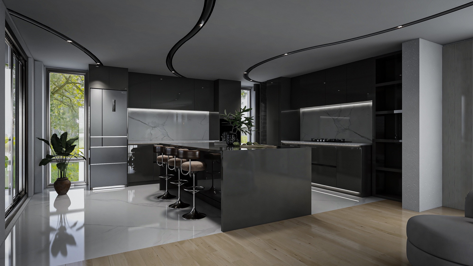 Custom kitchen cabinets in Washington DC — European frameless cabinetry with matte lacquer finish and integrated appliances by Pannello Home Interiors Georgetown