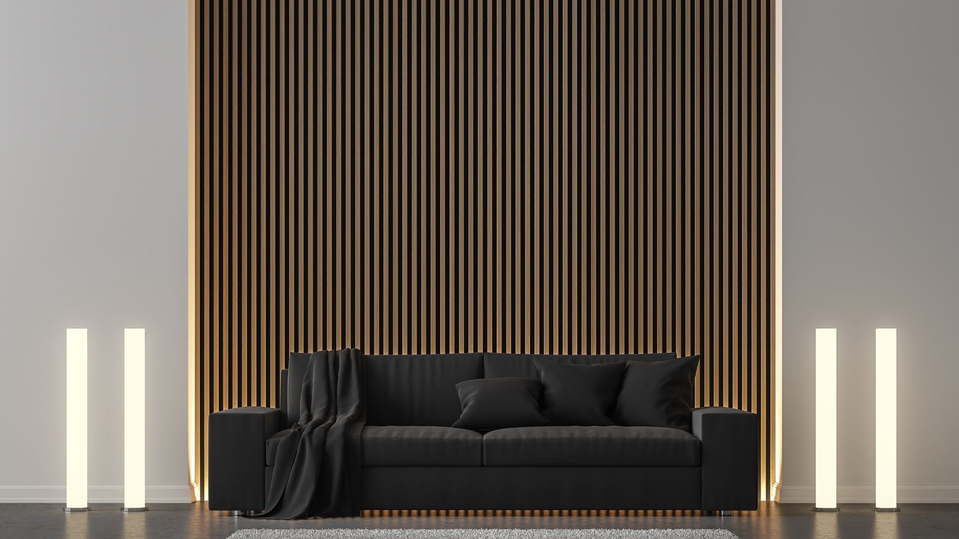 Slat wall with top-wash LED lighting.