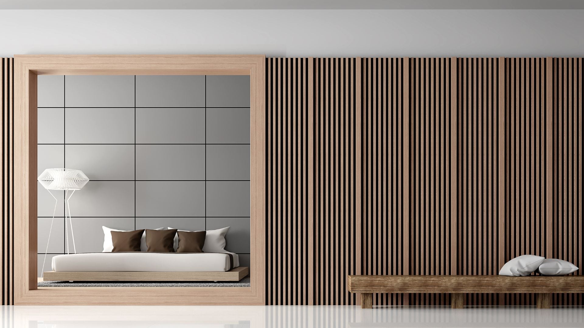 Floor-to-ceiling slat wall in book-matched European oak.