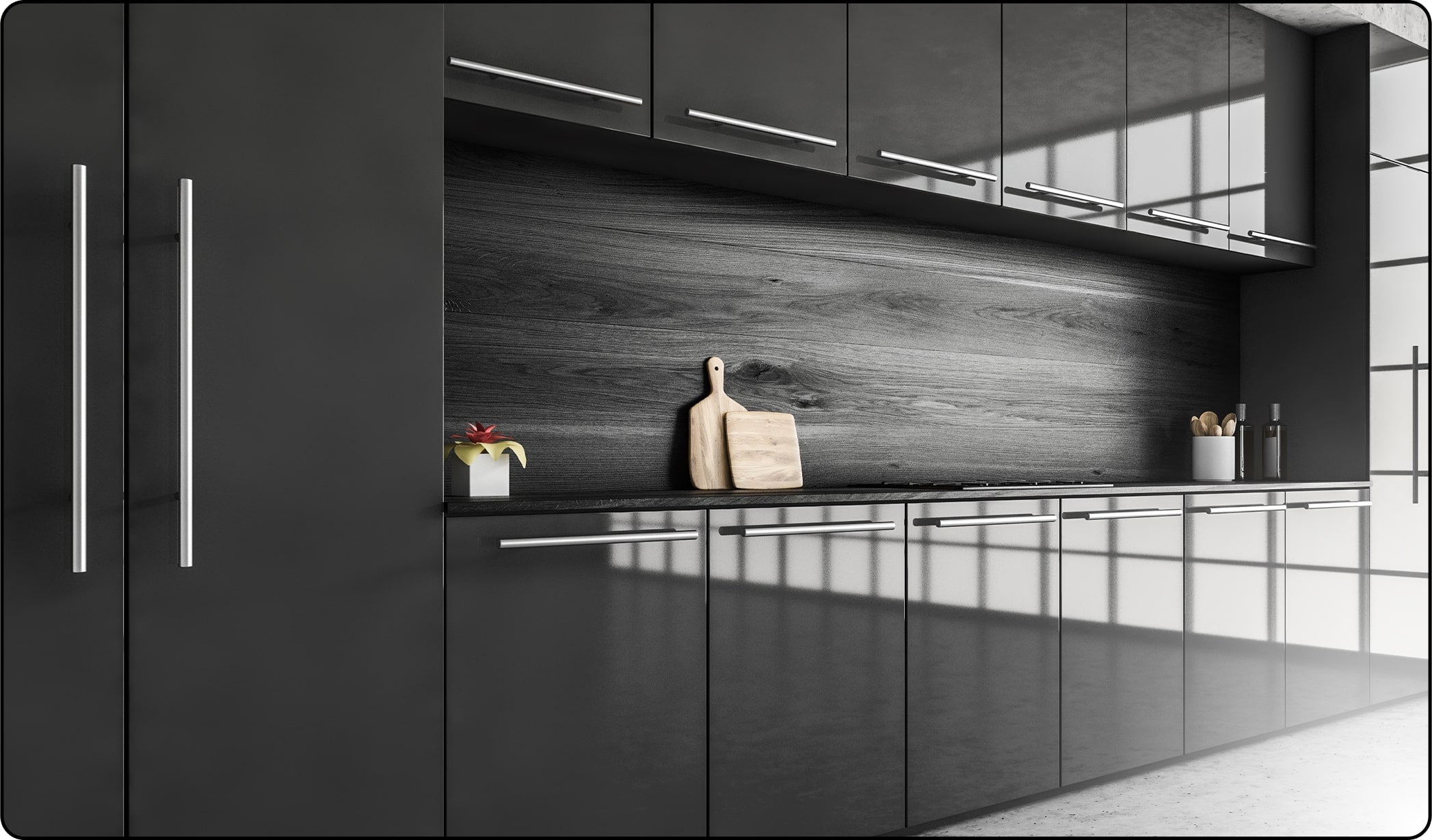 Quartz waterfall island with concealed power and seating for three.