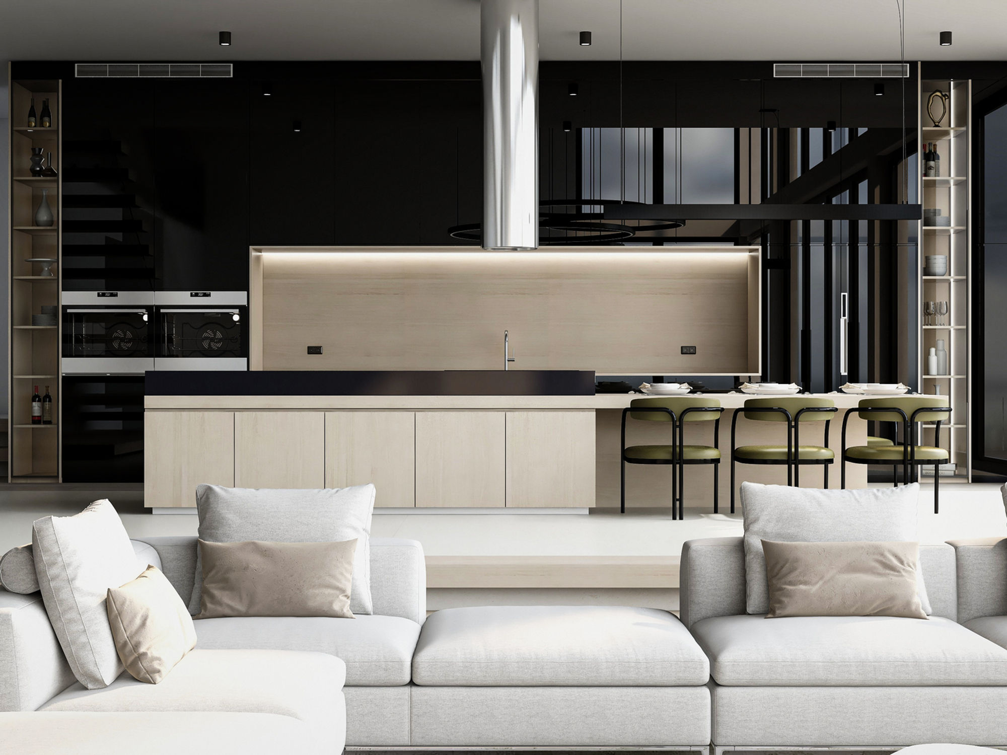 Matte lacquer kitchen in a Georgetown federal rowhouse with quartz waterfall island.